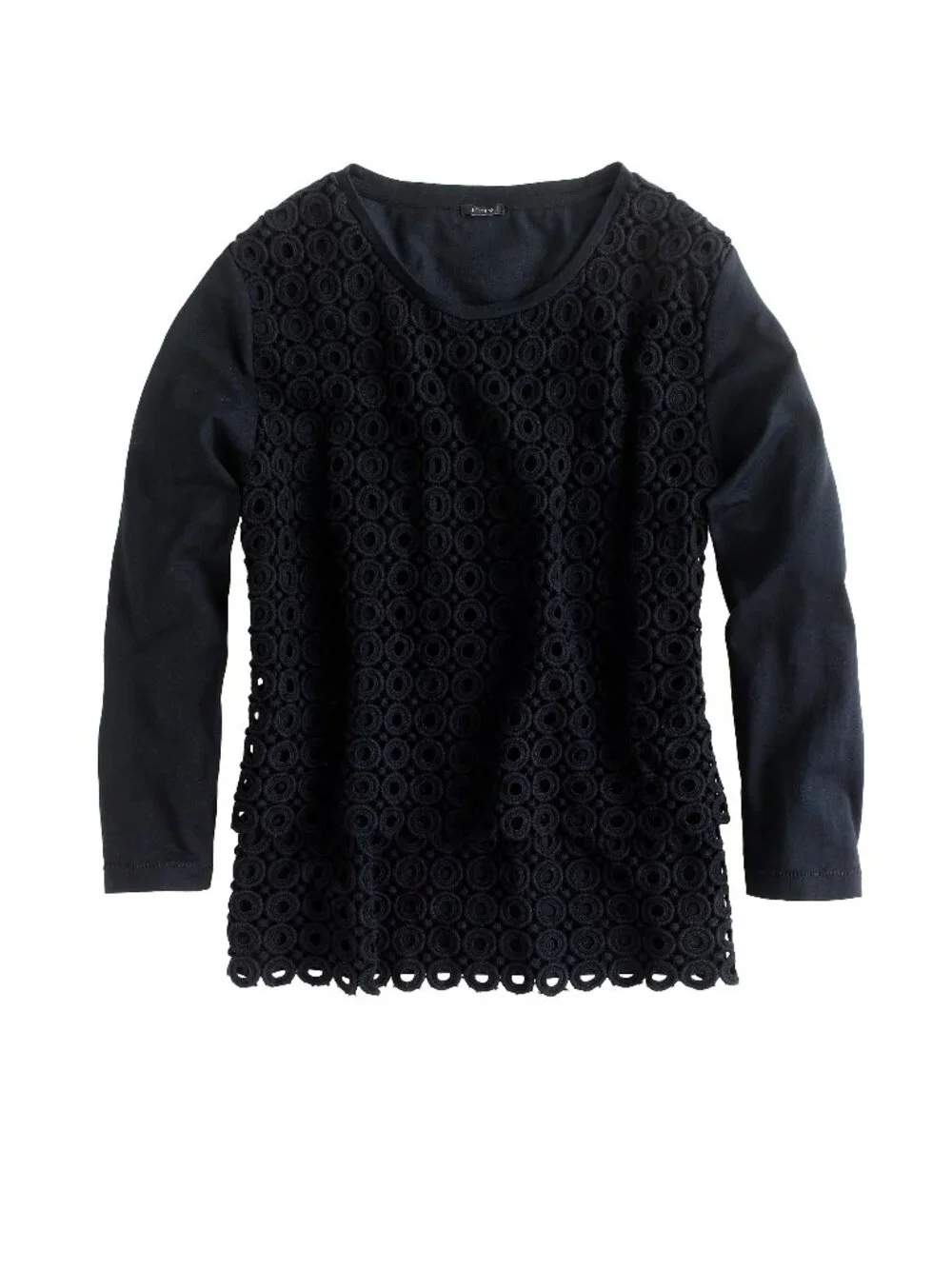 J. Crew black circle crochet lace layered tiered 3/4 sleeve cotton top